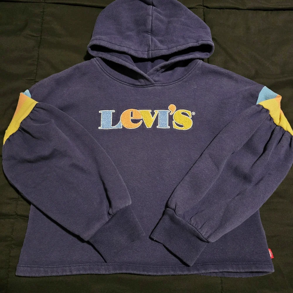 Levis Girls High Rise Fleece Hoodie Arm‎ Stripes Blue Yellow Size Medium 10/12